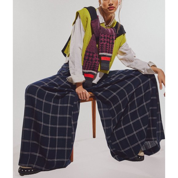 FREE PEOPLE Dance At Dusk Wide Leg Trousers / Navy Combo - Picture 4 of 11
